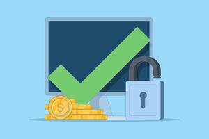 The concept of secure access to online money wallets. Protected with a lock check mark on the computer, protection of internet money deposits through a padlock, flat cartoon design illustration. vector