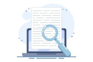 Concept of expertise review in online text research content on computer, analysis of digital document file examination on computer, search for legal evidence information. design illustration. vector