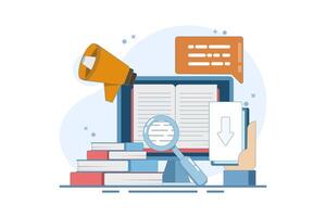 Concept of downloading e-books from the internet, reading e-books, marketing e-books for business promotion. E-book marketing campaign. Flat illustration with icons on the background. vector