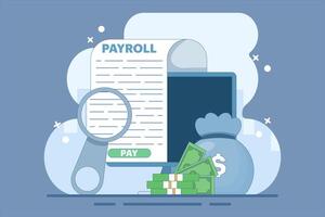 salary payment concept. Invoice paper. payroll, invoice sheet. Payroll template, calculate salary, budget concept. Top view. Cartoon design illustration in the background. vector