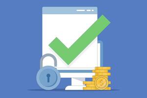 The concept of secure access to online money wallets. Protected with a lock check mark on the computer, protection of internet money deposits through a padlock, flat illustration. vector
