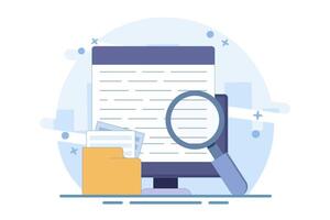 Concept of expertise review in online text research content on computer, analysis of digital document file examination on computer, search for legal evidence information. cartoon design illustration. vector
