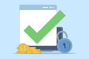 The concept of secure access to an online money wallet. Protected with a lock check mark on the computer, protection of internet money deposits through a padlock, flat design illustration. vector