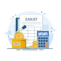 Zakat Concept Design. Zakat Document with Calculator and Box Illustration. Islamic Ramadan about giving alms or sharing with others on landing page. Paying Zakat. Flat illustration. vector