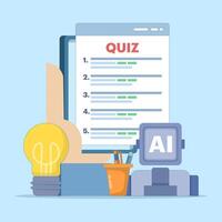 technology concept to answer questions. answering questions with the help of AI or artificial intelligence. illustration of asking a robot for help to answer a quiz. design illustration. vector