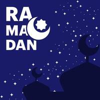 Ramadan Kareem concept, poster, greeting card, cover design with mosque, crescent moon and flat geometric style typography. Flat cartoon design illustration. vector