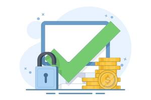 The concept of secure access to an online money wallet. Protected with a lock check mark on the computer, protection of internet money deposits through a padlock, security of electronic technology. vector