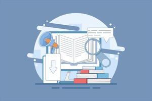 Concept of downloading e-books from internet, reading e-books, marketing e-books for business promotion. E-book marketing campaign. Flat cartoon design illustration on background. vector