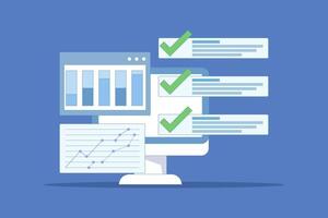 Sales data growth graph analysis report concept on computer or pc with audit and success notification, online analytics technology graph idea or internet statistics. Flat cartoon . vector