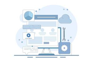 Content management system concept, website CMS, CMS development. Software used to create, manage and publish digital content. Design illustration with icons on background. vector