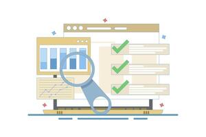 Sales data growth graph analysis report concept on computer or pc with audit and success notification, online analytics technology graph idea or internet statistics. Design illustration. vector