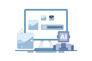 AI Image Maker Concept, Artificial intelligence generates image with command, AI tool inputs word command to become image. flat cartoon illustration on Background vector