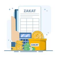 Zakat Concept Design. Zakat Document with Calculator and Box Illustration. Islamic Ramadan about giving alms or sharing with others on landing page. Paying Zakat. flat design. vector