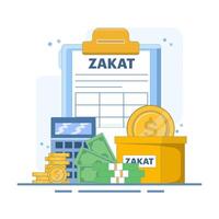 Zakat Concept Design. Zakat Document with Calculator and Box Illustration. Islamic Ramadan about giving alms or sharing with others on landing page. Paying Zakat. flat cartoon design. vector