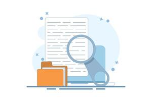Concept of expertise review in online text research content on computer, analysis of digital document file examination on computer, legal evidence information search. flat design illustration. vector