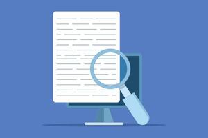 Concept of expertise review in online text research content on computer, analysis of digital document file examination on computer, search for legal evidence information. flat illustration. vector
