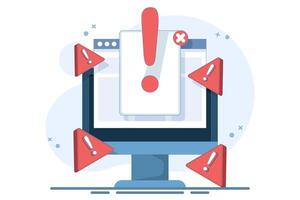 Online Fraud Warning Concept Data Warning Message or Exclamation Mark Danger Warning Cyber Risk Fraud on Digital Internet Sites Laptop Computer PC, Unsecured Network Virus Attack. design illustration. vector