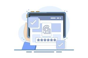 Fingerprint security identification concept via digital biometric sensor. Online fingerprint on computer or internet, secure fingerprint authentication and access verification, flat illustration. vector