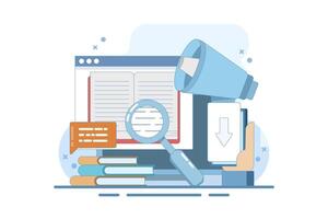 Concept of downloading e-books from the internet, reading e-books, marketing e-books for business promotion. E-book marketing campaign. Flat cartoon illustration with icons on the background. vector