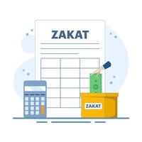 Zakat Concept Design. Zakat Document with Calculator and Box Illustration. Islamic Ramadan about giving alms or sharing with others on landing page. Paying Zakat. Flat design illustration. vector