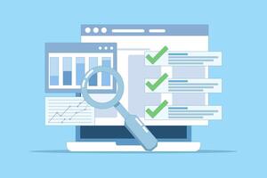 Sales data growth graph analysis report concept on computer or pc with audit and success notification, online analytics technology graph idea or internet statistics. flat cartoon design illustration. vector