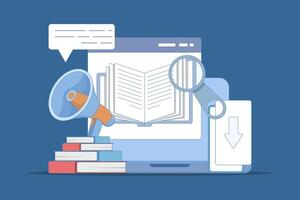 Concept of downloading e-books from the internet, reading e-books, marketing e-books for business promotion. E-book marketing campaign. Flat design illustration on background. vector