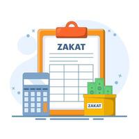 Zakat Concept Design. Zakat Document with Calculator and Box Illustration. Islamic Ramadan about giving alms or sharing with others on landing page. Paying Zakat. flat cartoon design illustration. vector