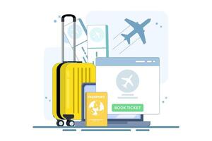 Concept Mobile application for buying tickets with a smartphone. Booking airline tickets. Planet Earth, airline tickets and luggage. Travel, business trip. Flat design illustration on the background. vector