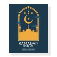 Modern minimalist Ramadan Kareem design. Greeting card, background. Ramadan Kareem greeting card. Window and arch with moon, mosque dome and lantern. Flat illustration on background. vector