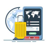 Concept Mobile application for buying tickets with a smartphone. Booking airline tickets. Planet Earth, airline tickets and luggage. Travel, business trip. Design illustration in the background. vector