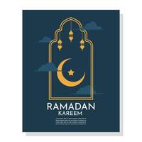 Modern minimalist Ramadan Kareem design. Greeting card, background. Ramadan Kareem greeting card. Window and arch with moon, mosque dome and lantern. Islamic frame, crescent moon, mosque. vector