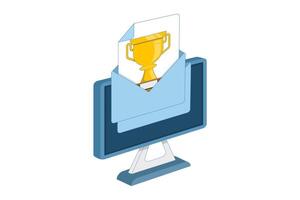 Concept of online web digital prize received via computer icon, electronic email winner, internet prize achievement, victory gold cup trophy, championship competition. simple design. vector