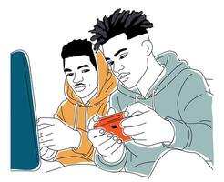 Two young men are playing a game. vector
