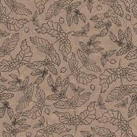 A seamless pattern featuring hand-drawn coffee branches, leaves, flowers, and beans in black outlines on a brown background, ideal for packaging and textiles. vector