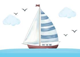 Illustration of a Sailboat on the Water with Clouds and Seagulls vector