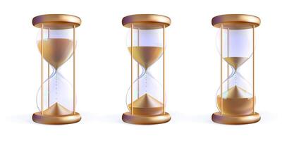 Golden sand hourglass sequence, classic vintage glass clock. Gold hour budget countdown watch. Sandglass game 3d render concept. Luxury money payment timer icon. Abstract realistic time expire symbol vector