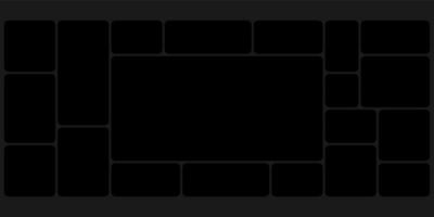 Black grid template bento box ui. Photo frame collage layout design. Puzzle mosaic blocks for picture gallery page. Dark mood board mockup horizontal banner. Flat y2k dashboard presentation slide vector