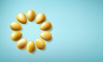 Easter golden egg round layout top view 3d illustration. Happy april metal isolated greeting card template. Spring realistic design on blue background. Graphic gift day poster. Minimal render vector