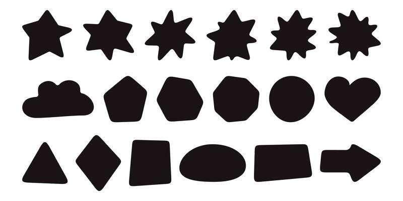 Rounded corner shapes. square, rectangle, hexagon, diamond geometric icons. Organic fun starburst arrow, squircle block infographic clipart. discount label card, free sticker, blob price tag.