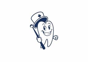Friendly Tooth Cartoon Character with Dental Tool and Top Hat vector