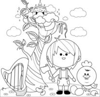 Jack and the magic beanstalk. Fairy tale child character. Story book with magic beanstalk, castle, Jack the boy and magic chicken. Black and white coloring page. vector