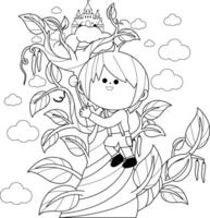 Fairy tale story book with magic beanstalk, castle in the clouds and Jack the boy. Jack climbing on the magic beanstalk. Black and white coloring page vector