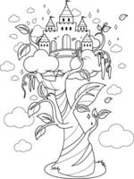 Magic beanstalk and castle in the clouds. Fairy tale for children, Jack and the beanstalk. Tower in the clouds on a tall magical beanstalk tree plant growing. Black and white coloring page. vector