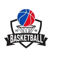 Basketball logo emblem concept in the form of a shield with ribbon suitable for basketball clubs, tournaments, or sports communities. vector