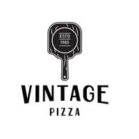Vintage design logo with the main element being a wooden pizza board that has a natural texture. This logo is perfect for a pizzeria or restaurant. vector