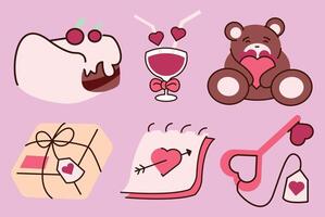 A set of six cartoon images of Valentine's Day items. The images include a cake, a teddy bear, a glass of wine, a cup, a box, and a calendar vector