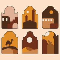 A set of six drawings of buildings and landscapes. Arabian and Ramadan Frames vector