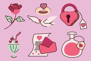 A set of Valentine's Day themed icons including a rose, a heart, a lock, a key vector