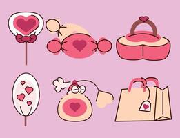 A set of cartoon images of Valentine's Day items. The images include a heart-shaped candy, a tea bag, a purse, a bag, a lollipop, and a candy cane vector