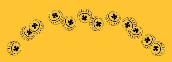 Black and white coins with clover badge on coloured background. Line coin illustration. Gold coin set. vector